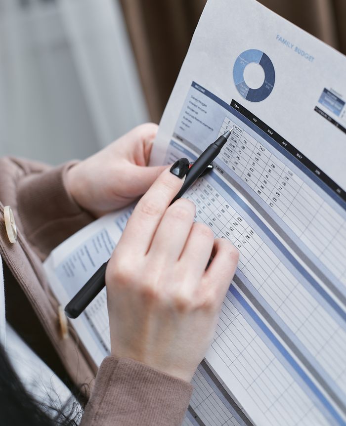 Home Hands holding a pen review a family budget document with graphs and tables.
